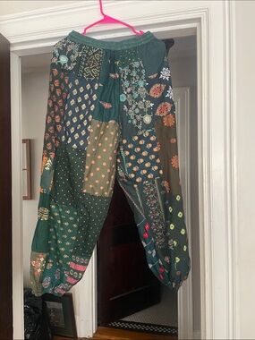 Green Patchwork Boho Elastic Waist Pants
